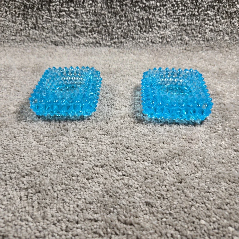 Vintage Hobnail Glass Candle Holder Set Turquoise Blue Square Votive Pair